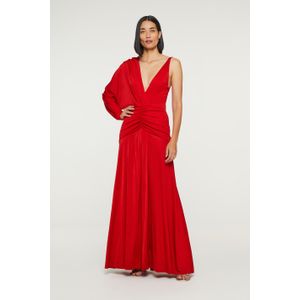 Vestido Longo Vermelho Com Uma Manga Só e Drapeado