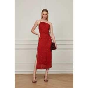 Vestido De Georgete Midi Vermelho Um Ombro Só Bordado