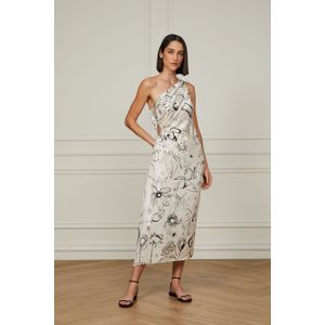 Vestido De Seda Midi Estampado Um Ombro Só