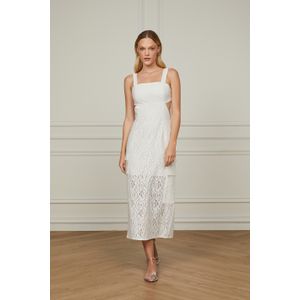Vestido De Renda Midi Off White Com Recortes Laterais