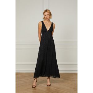 Vestido De Jacquard Longo Preto Decote v