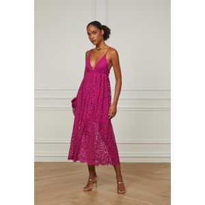 Vestido De Renda Midi Decote v Com Alça Fúcsia