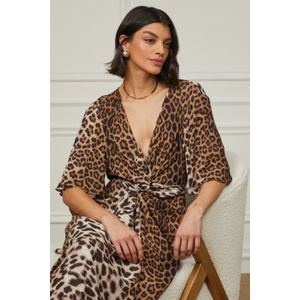 Vestido De Georgette Pesado Midi Transpasse Estampado Manga Curta