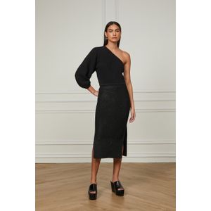 Saia De Tricot Midi Com Paetê e Fenda Lateral Preto