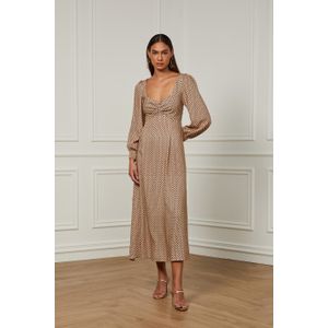 Vestido Midi Evasê Busto Franzido Manga Longa Estampado Gravataria