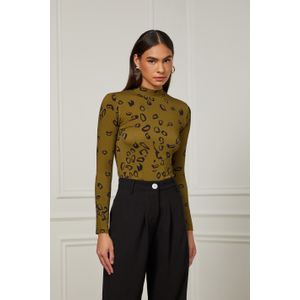Blusa Gola Alta e Manga Longa De Malha Estampada Onça