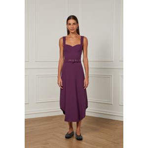 Vestido De Crepe Midi Com Cinto Roxo Plum