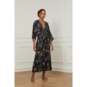 Vestido Midi Evasê Decote Transpassado Manga 3/4 e Elástico Na Cintura Estampado Ikat