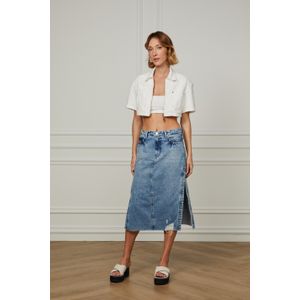 Saia Midi Jeans Lateral Com Fenda