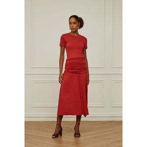 Vestido Midi Com Franzido Vermelho Terroso