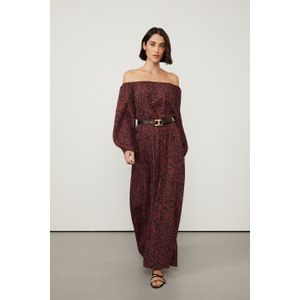 Vestido Longo Manga Longa Decote Ombro a Ombro Estampado Onça