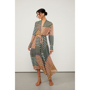 Vestido Midi De Georgette Leve Manga Longa Barra Assimétrica Estampado