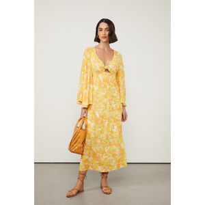 Vestido Midi De Georgette Pesado Manga Ampla Com Recorte Estampado