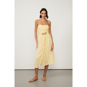 Vestido De Georgette Pesado Midi De Alça Babados Amarelo Com Cinto