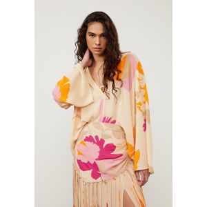 Camisa De Georgette Pesado Lenço Manga Ampla Estampada