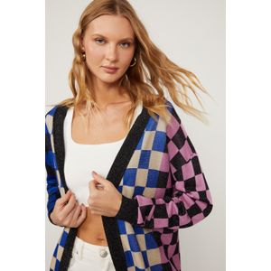 Cardigan De Tricot Com Grid Mix Estampado