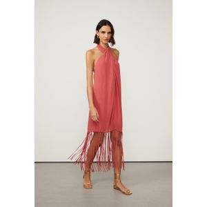 Vestido De Georgette Midi Vermelho Frente Única Franjas