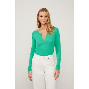Blusa De Malha Verde Folha Com Decote v e Manga Longa Raglan