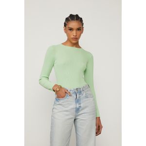 Top De Tricot Verde Com Manga Longa Canelado Básico