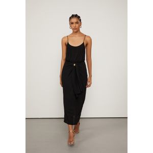 Vestido De Georgette Pesado Midi Preto Panneaux De Alça