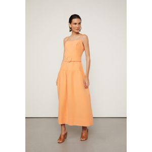 Vestido Midi De Alça Decote Reto Acinturado e Saia Ampla Com Cinto Laranja