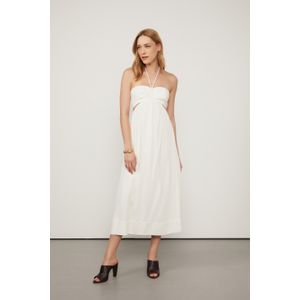 Vestido Midi Decote Reto Franzido Detalhe Abertura Lateral Lastex Nas Costas Off White