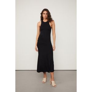 Vestido De Malha Midi Preto  Com Decote Nadador e Franzido