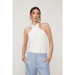 Blusa De Malha Canelada Off White Com Decote Cruzado