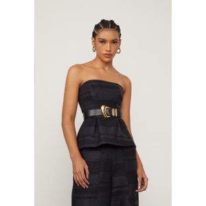 Top De Tweed Sem Alça Listra Bicolor