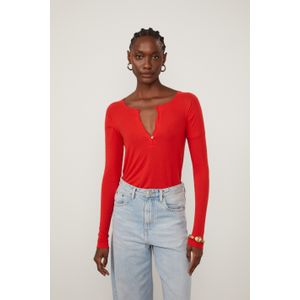 Blusa De Malha Vermelho Fiery Com Decote v e Manga Longa Raglan