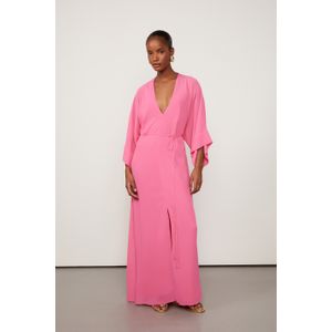 Vestido De Georgette Pesado Longo Rosa Kimono