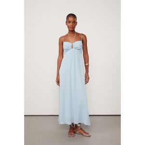 Vestido De Georgette Midi Azul Com Tuneis
