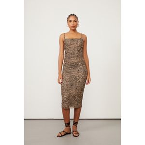 Vestido De Tule Midi Onça Com Detalhe Lateral Franzida