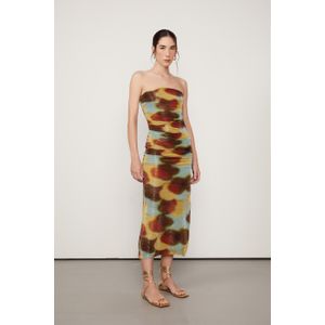 Vestido De Malha Lurex Midi Abstrado Sem Alça