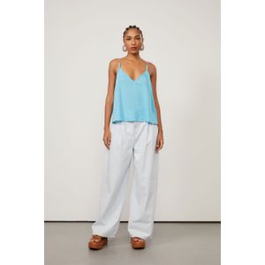Calça Jeans Wide Leg Listrado Prega Frente