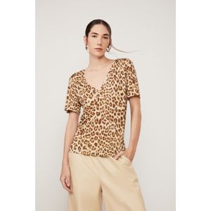 T-Shirt De Malha Fininha Decote v Com Manga Curta Estampada