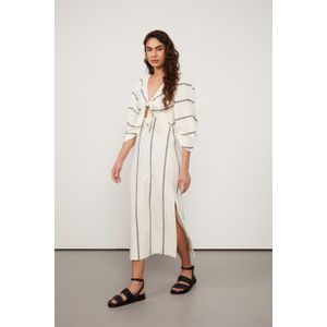 Vestido Midi Manga Bufante Decote v Com Amarração De Jacquard Listrado