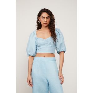 Blusa Cropped Manga Bufante e Busto Franzido Azul