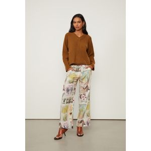 Calça De Seda Reta Estampada Bolso Faca
