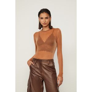 Body De Tule Lurex Marrom Com Prata
