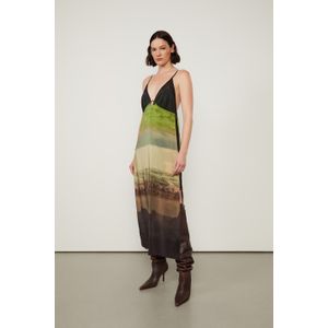 Vestido De Seda Midi De Alça Estampado Fenda Lateral