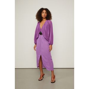 Vestido De Georgette Leve Midi Roxo Manga Leque Com Cinto
