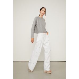 Calça De Sarja Branca Com Bordado