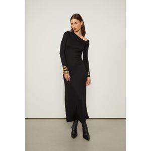 Vestido De Malha Preto Midi Manga Longa Ombro Franzido