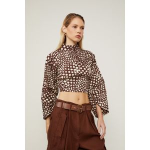 Blusa Manga Longa Franzida Gola Alta Amarração Nas Costas De Algodão Estampada