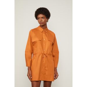 Vestido Chemise Midi Manga Longa De Algodão Laranja