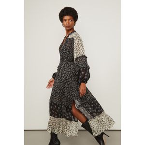 Vestido De Georgette Leve Midi Manga Longa Estampado Fenda Lateral