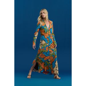 Vestido De Georgette Pesado Longo Polo Estampado Manga Longa