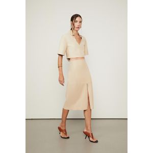 Saia De Couro Stretch Midi Fenda Frontal