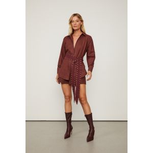 Camisa Manga Longa Com Linho Oversized Com Amarração Marrom
